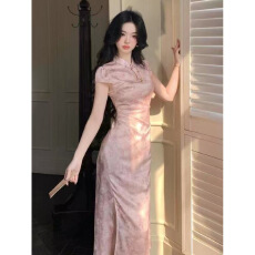 批发粉笺竹梦 国风小立领提花锻面直角肩新中式收腰显瘦改良短袖旗袍