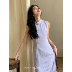 批发许大晴紫苑新中式淡雅缎面提花旗袍连衣裙女高腰显瘦长裙