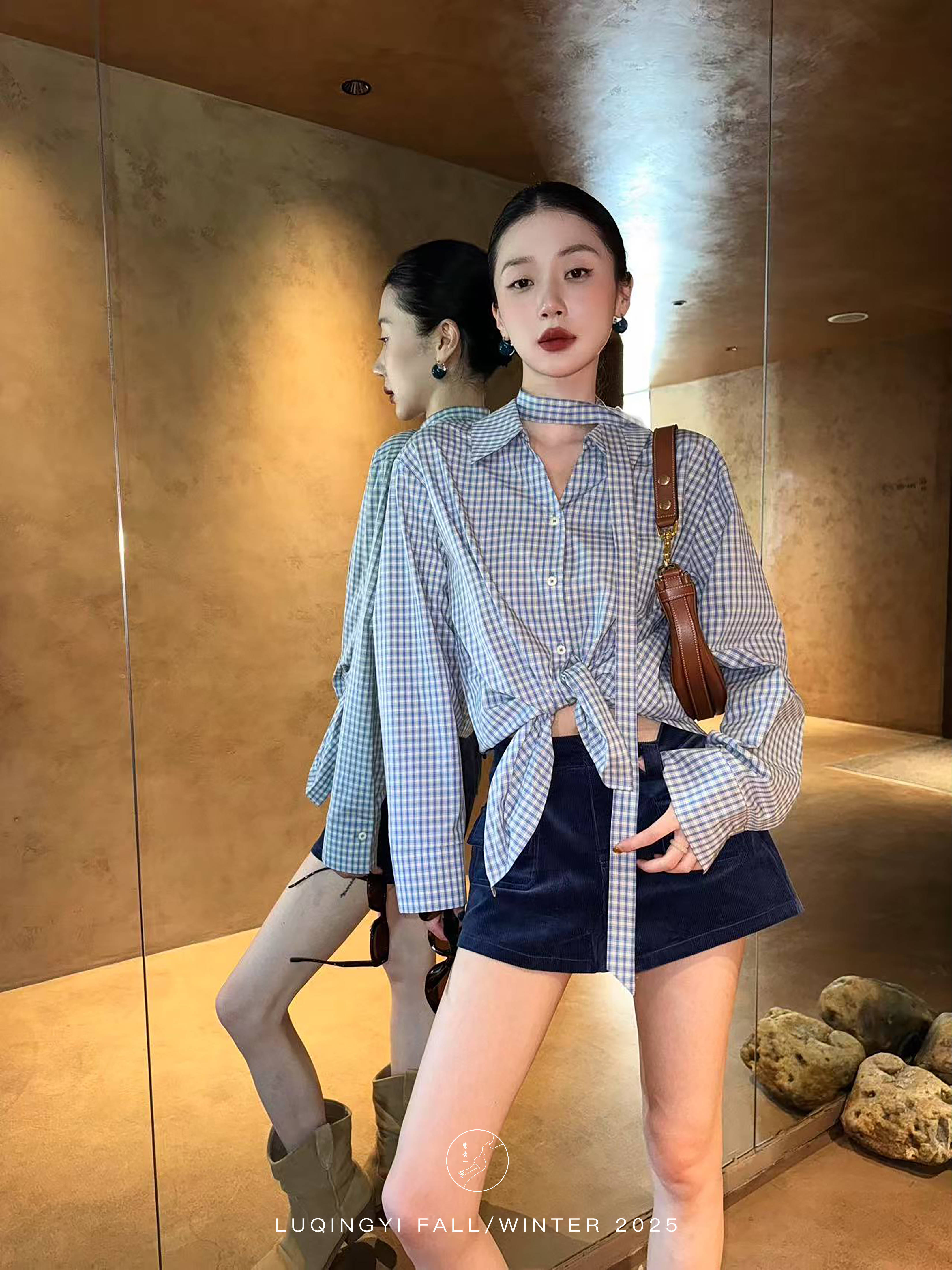 왜가리 녹색 하나 오리지널 체스 관람 취 엔 면 레트로 격자 무늬 셔츠 맨위 여성 가을 루즈핏 가을 어깨 디자인 센스 캐주얼