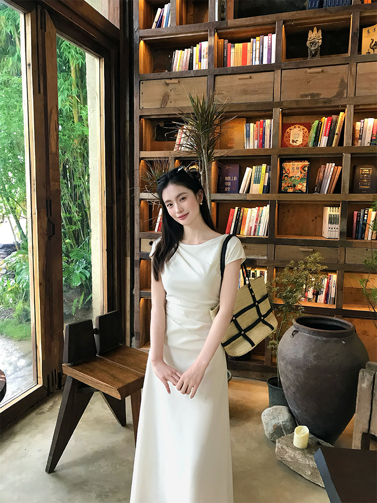 eia 하나 야오 우아한 예술 건강 품격 지성 미니멀리즘 반팔 여성 드레스 여름 길다 쇼트 스타일 치마