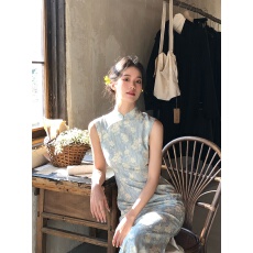批发Ti提提 灼灼 淡蓝色 港工中式改良无袖国风长款旗袍春夏气质长裙