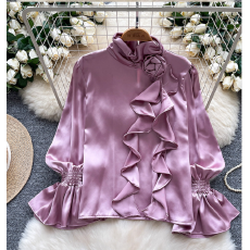 批发彩依  2025新款立体花朵荷叶边拼接长袖缎面<b class='q'>衬衫女</b>宽松高级感上衣
