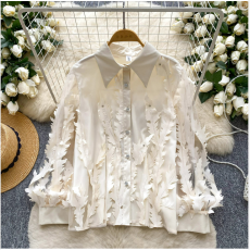 批发彩依 2026新款 名媛立体剪花网纱长袖<b class='q'>衬衫女</b>秋季百搭开衫上衣