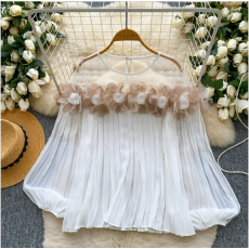 批发彩依 立体花朵褶皱韩版衬衫女新款设计感洋气宽松显瘦<b class='q'>长袖</b>上衣