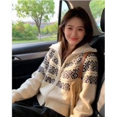 彩依  秋冬大翻领拉链毛衣外套女2026新款宽松长袖针织上衣女