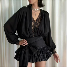 批发艺彩  2026新款  法式气质<b class='q'>蕾丝</b>拼接飘带衬衫+打底短裤套装女