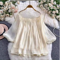 批发艺彩 2026新款 烫钻圆领衬衫少女减龄温柔风流光薄纱拼接毛毛上衣