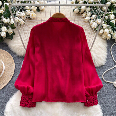 批发艺彩 2026新款 烫钻圆领衬衫少女减龄温柔风流光薄纱拼接毛毛<b class='q'>上衣</b>