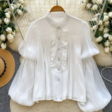 批发轻奢名媛重工钉珠刺绣<b class='q'>长袖</b>单排扣网纱衬衫<b class='q'>女</b>秋季高级感别致上衣潮