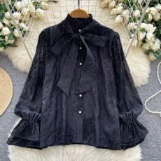 批发轻奢名媛重工钉珠刺绣长袖单排扣<b class='q'>网纱</b>衬衫女秋季高级感别致<b class='q'>上衣</b>潮
