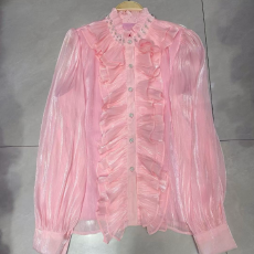 批发轻奢名媛重工钉珠刺绣长袖单排扣网纱衬衫女秋季高级感别致上衣<b class='q'>潮</b>