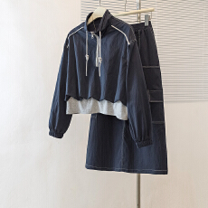 批发实拍秋<b class='q'>冬</b>新款休闲套装上衣假两件外套搭配法式高腰裙子大码套装