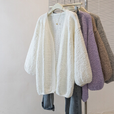 批发实拍秋冬新款长袖开衫灯笼袖雪纺衫宽松休闲大码外搭