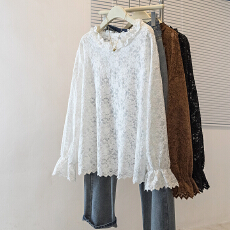 批发实拍胖mm韩系长袖蕾丝衫流行穿搭女装巨好看宽松打底衬衫大码女装