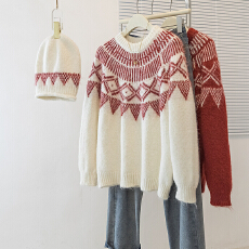 批发实拍欧慵懒风宽松长袖毛衣女2025冬新复古提花百搭<b class='q'>针织衫</b><b class='q'>大码</b>女装