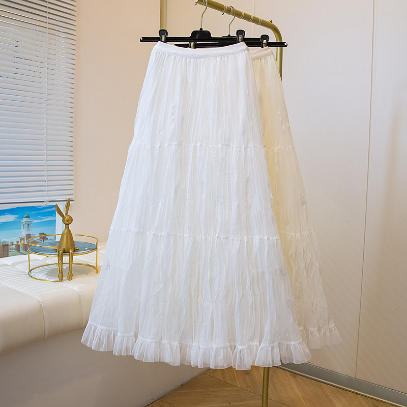 실사 여름 새로운 망사 패치워크 퍼프 스커트 빅 사이즈 여성 의류 반신 스커트