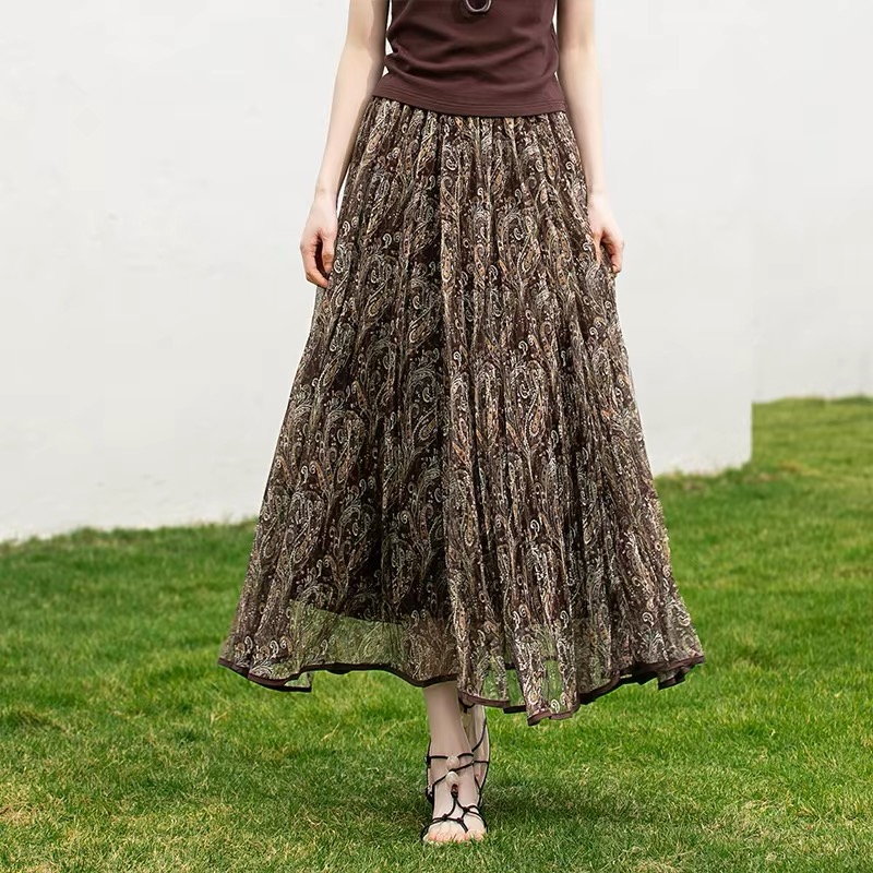 빅 사이즈 레트로 민족 스타일 휴가 출퇴근 하이웨이스트 표지 고기 슬림해 보이는 아니요 빛 가벼움 망사 치마 빅 사이즈 반신 스커트