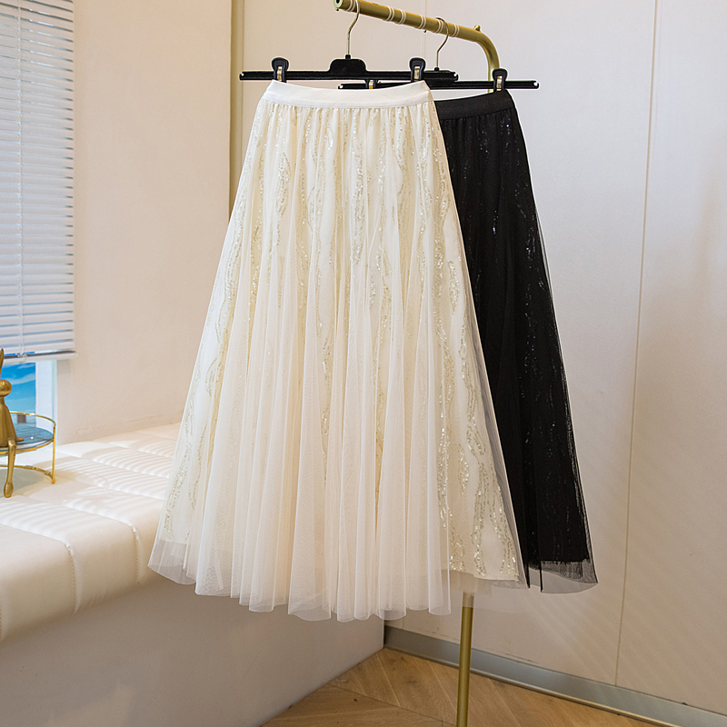 실사 여름 새로운 스팽글 망사 롱 코트 반신 스커트 자수 무거운 작업 빅 사이즈 반신 스커트