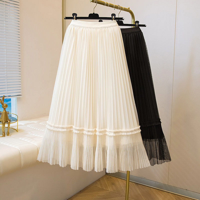실사 여름 새로운 플리츠 쉬폰 반신 스커트 캐주얼 빅 사이즈 반신 스커트