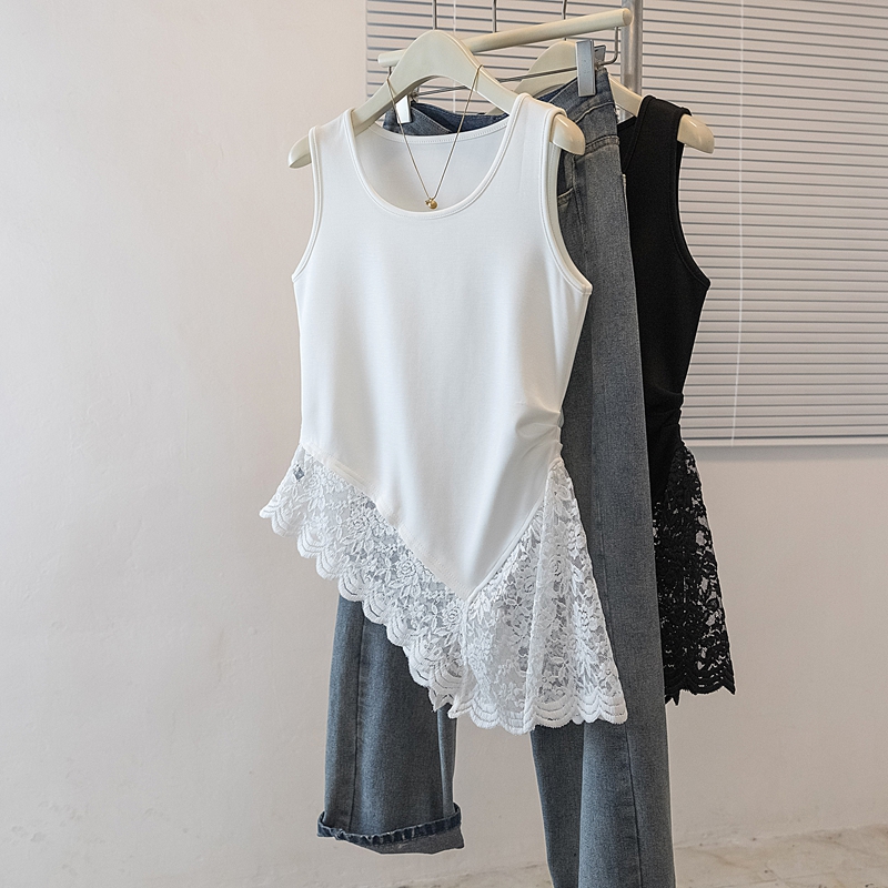 실사 빅 사이즈 여성 의류 한국 스타일 새로운 고급 트렌드 레이스 디자인 불규칙 출퇴근 루즈핏 슬림해 보이는 맨위