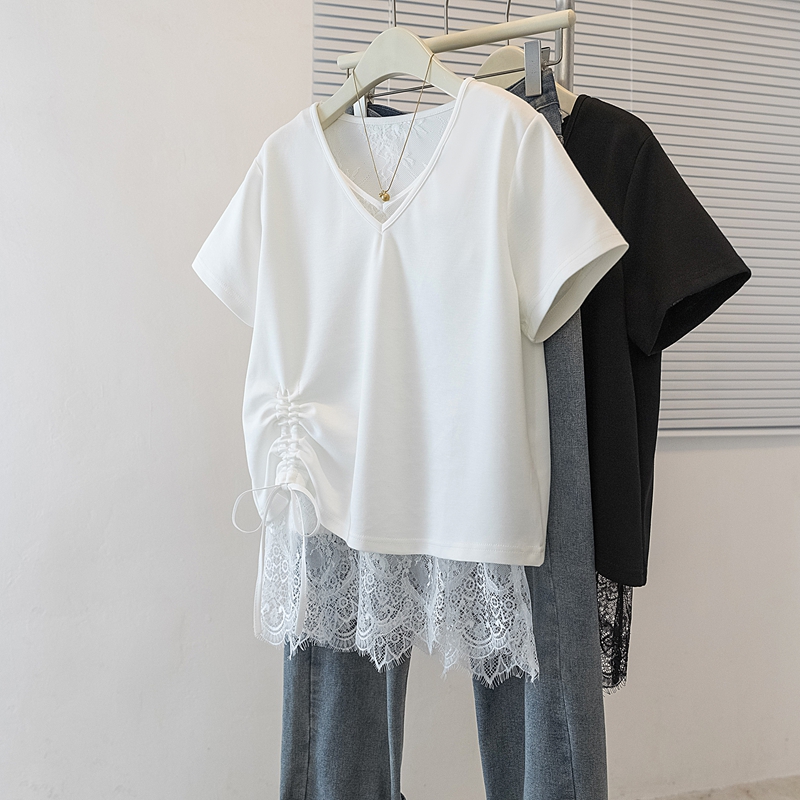 실사 빅 사이즈 여성 의류 한국 스타일 새로운 고급 트렌드 싱글 펌프 로프 디자인 레이스 조각 가짜 2 피스 슈트