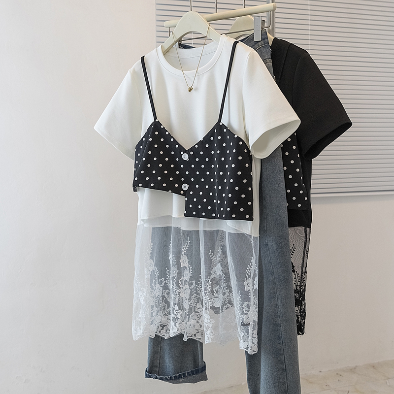 실사 빅 사이즈 페이크 레이어드 레이스 반팔 맨위 도트 무늬 여성 지방 mm 여름 표지 고기 빅 사이즈 여성 의류
