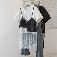 批发实拍<b class='q'>大码</b>假两件蕾丝短袖上衣波点女胖mm夏季遮肉<b class='q'>大码</b>女装