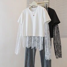 批发实拍<b class='q'>大码</b>女装韩版新款设计小众蕾丝拼接显瘦休闲宽松百搭上衣
