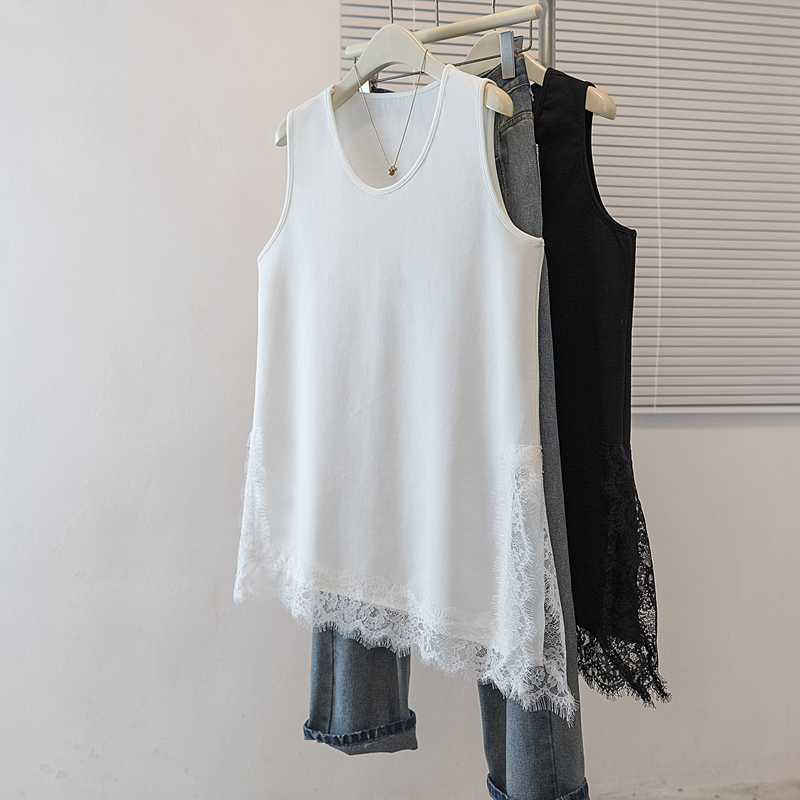 실사 여름 새로운 V넥 민소매 맨위 패치워크 레이스 맨위 빅 사이즈 여성 의류