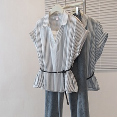 实拍夏季新款韩版宽松百搭条纹衬衫女设计感小众系带收腰大码女装