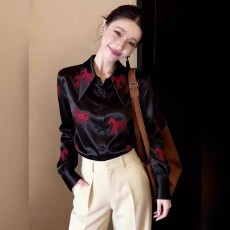 批发2026春季新款轻奢风黑色印花衬衫气质长袖<b class='q'>通勤</b>温柔淑女风时尚上衣