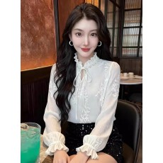 批发刺绣花朵立领系带<b class='q'>长袖</b>蕾丝<b class='q'>打底衫</b>女2026春季新款百搭气质减龄上衣