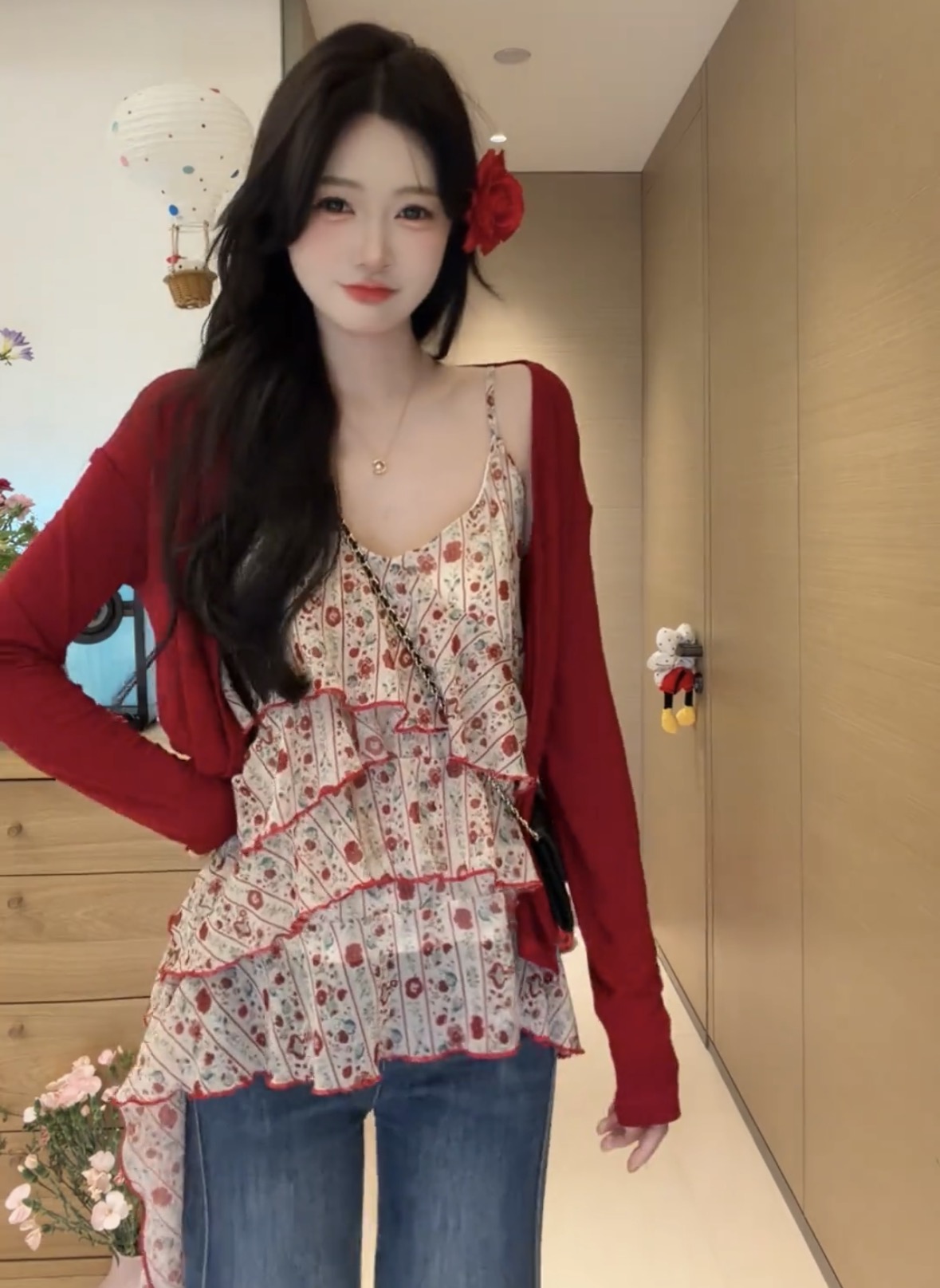 새로운 한 부서 레트로 빨간색 오픈 가디건 불규칙 프릴 꽃무늬 슬립 투피스 세트