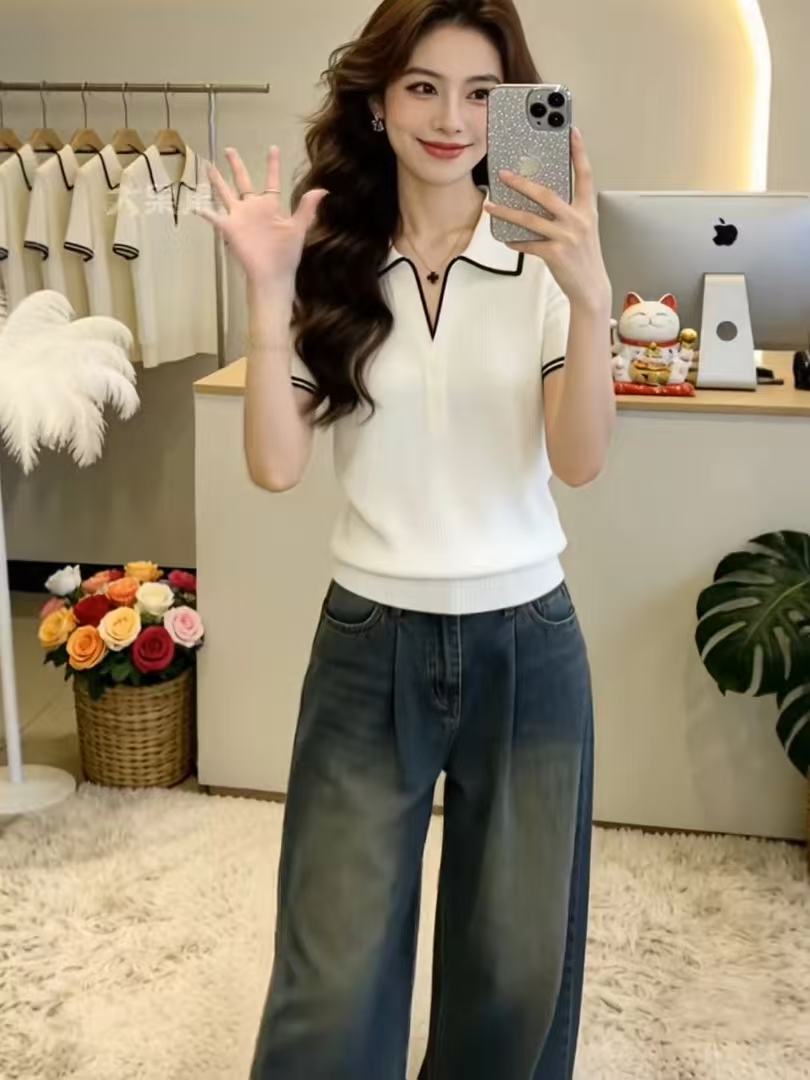프랑스식 폴로 칼라 배색 고급 반팔 니트 스웨터 여성 여름 빅 사이즈 지방 mm 표지 배 슬림해 보이는 긍정적 인 어깨 V넥 맨위