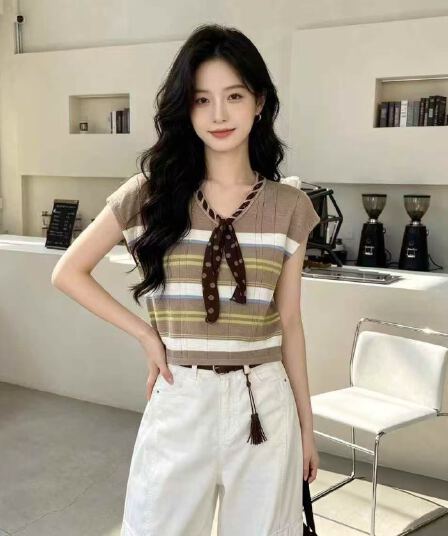 2026 새로운 한 부서 스트라이프 V넥 리본 민소매 니트 조끼 여성 여름 패션 외국 가스 다용도 맨위 트렌디