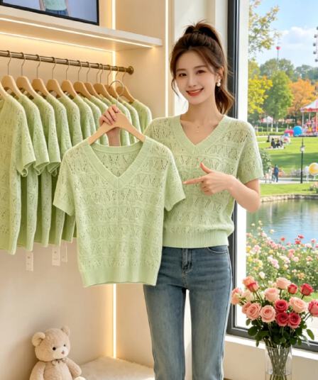 디자인 센스 녹색 홀로우 아웃 V넥 반팔 티셔츠 여성 여름 새로운 외국 가스 연령 감소 다용도 슈퍼 잘 생긴 니트 맨위