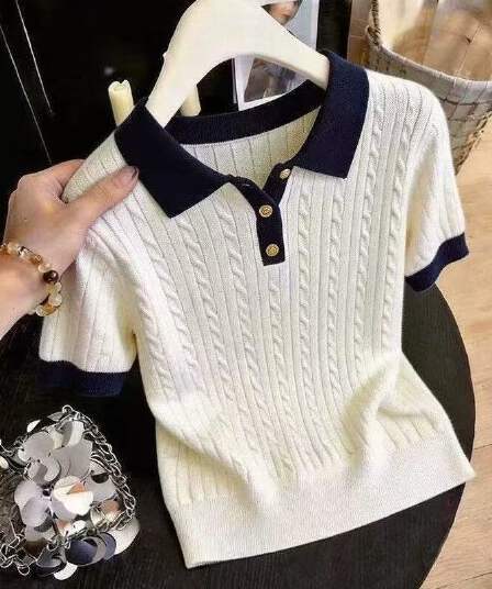 한 부서 얼음 실크 POLO 셔츠 티셔츠 여성 여름 얇은 스타일 작은 키 꽈배기 니트 반팔 쇼트 스타일 폴로 칼라 맨위