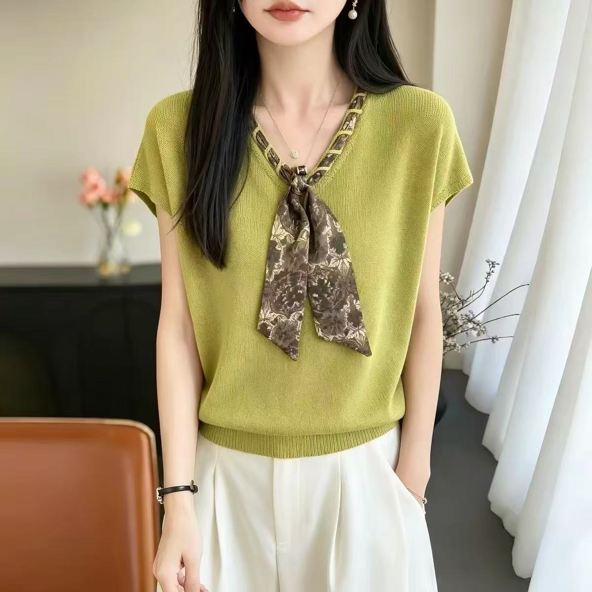 프랑스식 복잡한 고대 돈 바람 느긋한 스카프 대나무 마디 니트 스웨터 여성 반팔 단색 다용도 디자인 맨위 여성