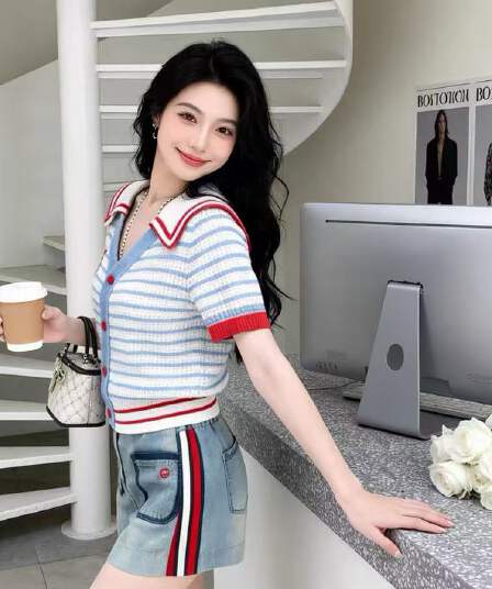 학원 스타일 패치워크 해군 칼라 스트라이프 니트 오픈 가디건 여성 여름 반팔 디자인 센스 작은 키 다용도 슬림해 보이는 맨위