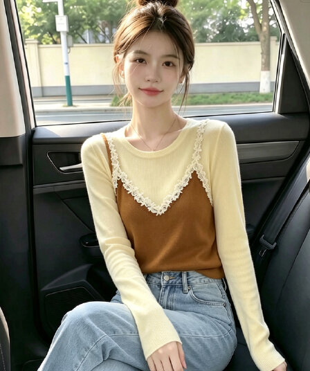 한국 스타일 배색 페이크 레이어드 레이스 조각 슬립 긴팔 니트 스웨터 가을 새로운 외국 가스 연령 감소 슬림해 보이는 맨위