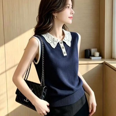프랑스식 레이스 조각 폴로 칼라 작은 날다 소매 티셔츠 여성 2026 여름 새로운 배색 Chic 빛 요리 한 다용도 맨위