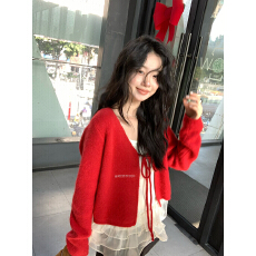 批发红色复古长袖针织开衫外套＋内搭<b class='q'>套装</b>女秋冬甜美系带软糯休闲毛衣
