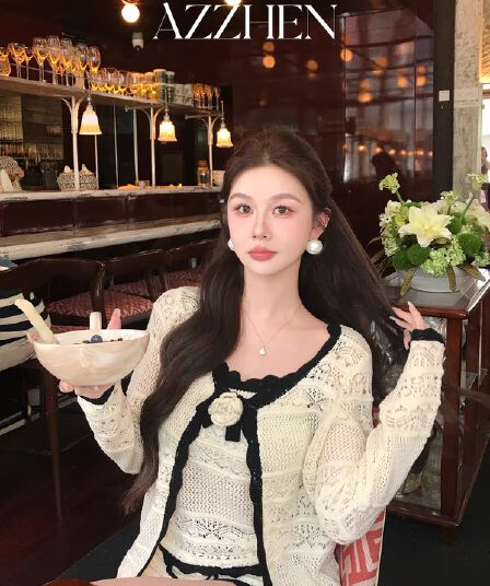 프랑스식 향기로운 배색 홀로우 아웃 사람들 면 니트 오픈 가디건 슬립 반바지 니트 스웨터 3종 세트