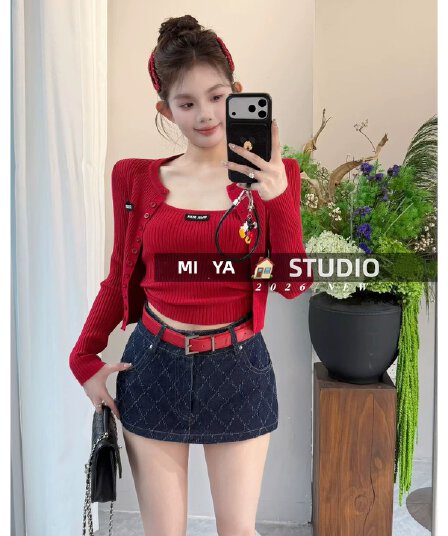 한 부서 부드러운 바람 세트 여성 뜨개질 오픈 가디건 투피스 세트 여름 새로운 디자인 센스 인사이드 가져 가라. 조끼 맨위 세트