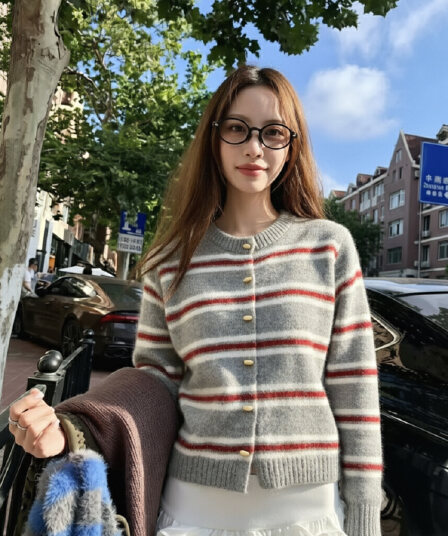 레트로 품격 스트라이프 라운드 넥 부서 버클 니트 오픈 가디건 여성 한 부서 분위기 센스 착용 가져 가라. 고급 센스 Chic 스웨터