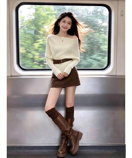 한 부서 착용 가져 가라. 비스듬한 어깨 긴팔 니트 스웨터 여성 가을 느긋한 바람이 아닙니다. 규칙 오프숄더 맨위 반신 치마 세트