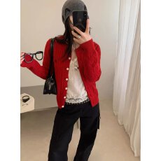 批发<b class='q'>春</b>秋季女装复古麻花针织开衫圆领短款宽松叠穿毛衣外套