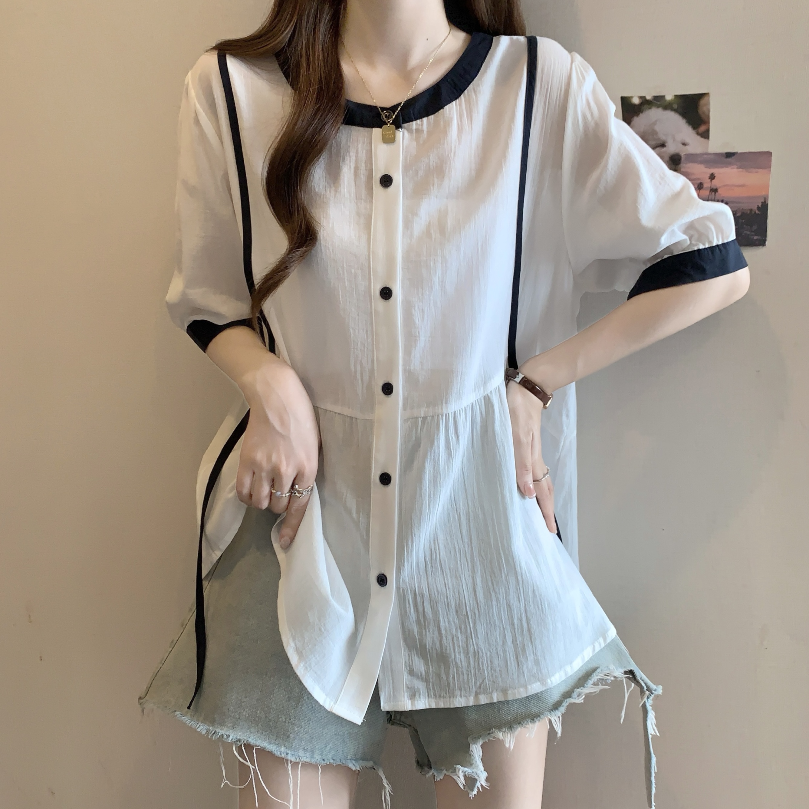 실사 빅 사이즈 새로운 디자인 센스 지방 mm 패션 루즈핏 패치워크 반팔 맨위 표지 고기 슬림해 보이는 다용도 셔츠