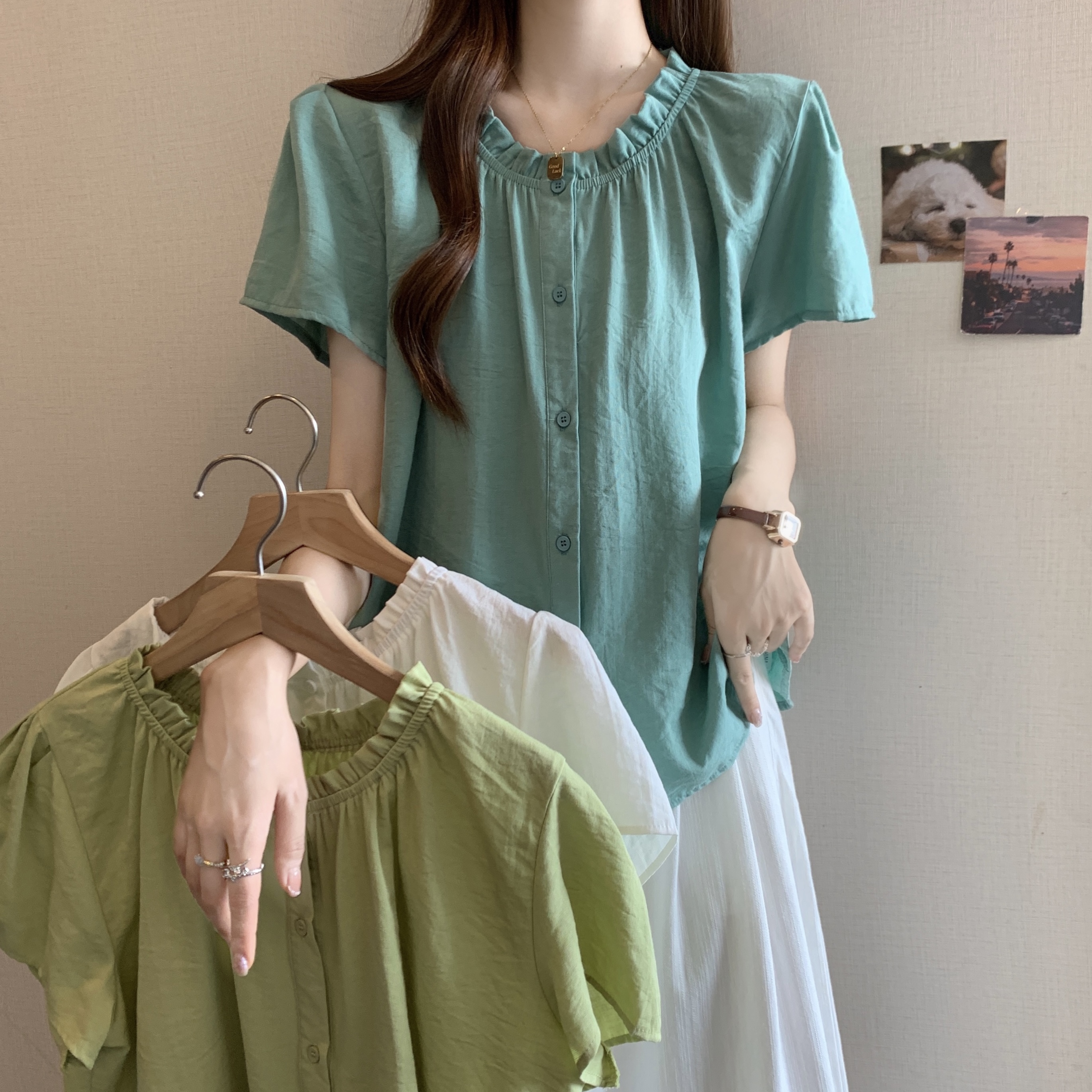 실사 빅 사이즈 새로운 디자인 센스 프랑스식 한국 스타일 배트윙 소매 루즈핏 표지 고기 슬림해 보이는 작은 대중 다용도 맨위 여성