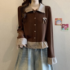 批发实拍~大码 胖MM秋<b class='q'>冬</b>新款设计感小众格子拼接小衫遮肉显瘦百搭上衣